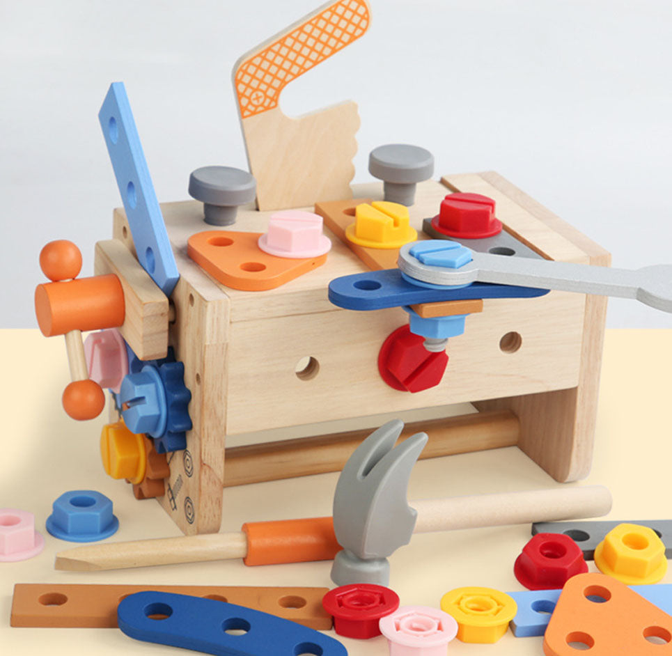 Wooden construction simulation tool bench and kit